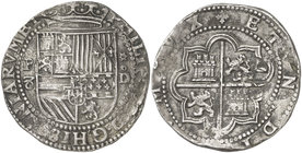 s/d. Felipe II. Lima. D. 8 reales. (Cal. 147). 27,08 g. Variante con el 8 del valor abierto. Bella. Muy rara y más así. EBC-.