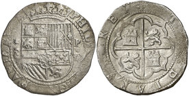 s/d. Felipe II. Lima. D. 8 reales. (Cal. 148). 27,38 g. Variante con el 8 del valor cerrado. Bella. Rara y más así. EBC-.