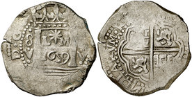 1659. Felipe IV. Lima. V. 8 reales. (Cal. 264). 27,48 g. Marca de ceca LM, columnas entre / y ()/. Atractiva. Rara y más así. MBC+.