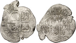 1684. Carlos II. Lima. V. 8 reales. (Cal. 227). 27,05 g. Doble fecha. Flan irregular. Rara. MBC+.