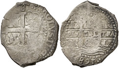 1685. Carlos II. Lima. R. 8 reales. (Cal. 228). 27,21 g. Triple fecha, dos parciales. Rara. MBC.