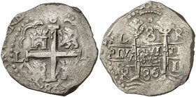 1686. Carlos II. Lima. R. 8 reales. (Cal. 229). 27,24 g. Doble fecha. Buen ejemplar. Rara. MBC+.