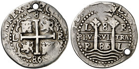 1686. Carlos II. Lima. R. 8 reales. (Cal. 217) (Lázaro 2). 26,46 g. Redonda. Tipo ´real´. Doble fecha. En reverso, punto sobre el 8 del valor. Muy rar...
