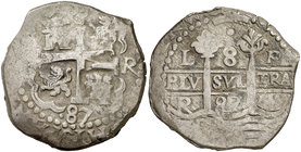 1687. Carlos II. Lima. R. 8 reales. (Cal. 230). 27,54 g. Doble fecha. Rara. MBC.