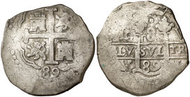 1689. Carlos II. Lima. V. 8 reales. (Cal. 232). 26,77 g. Doble fecha. Rara. MBC.