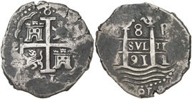 1691. Carlos II. Lima. R. 8 reales. (Cal. 234). 26,85 g. Triple fecha, una parcial. Rara. MBC.