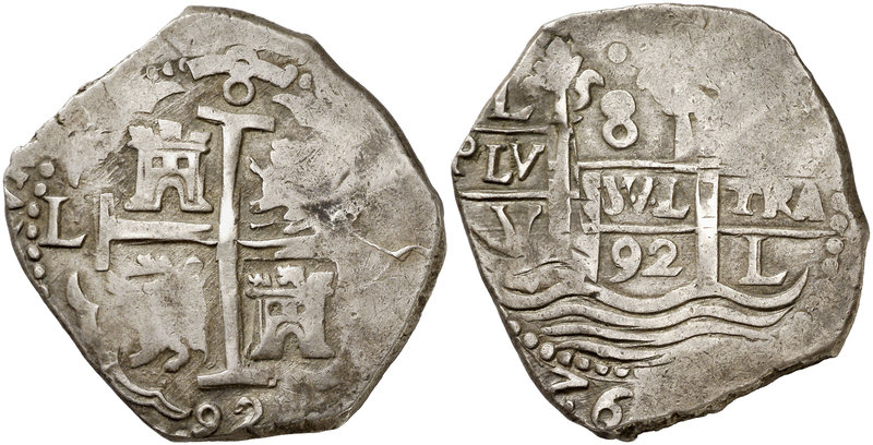 1692. Carlos II. Lima. V. 8 reales. (Cal. 235). 27,30 g. Triple fecha, una parci...