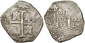 1692. Carlos II. Lima. V. 8 reales. (Cal. 235). 27,30 g. Triple fecha, una parcial. Rara y más así. MBC+.
