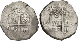 1693. Carlos II. Lima. V. 8 reales. (Cal. 236). 27,21 g. Rara. MBC.