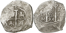 1694. Carlos II. Lima. M (desconocido, sólo trabajó este año y el siguiente). 8 reales. (Cal. 238). 26,27 g. Rara. MBC.