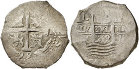 1695. Carlos II. Lima. R. 8 reales. (Cal. 239). 26,89 g. Triple fecha, una parcial. Rara. MBC.