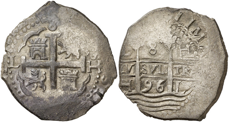 1696. Carlos II. Lima. H (Francisco Hurtado 1696-1710). 8 reales. (Cal. 240). 26...