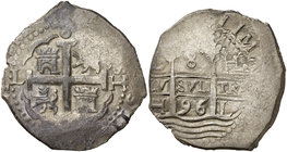 1696. Carlos II. Lima. H (Francisco Hurtado 1696-1710). 8 reales. (Cal. 240). 26,99 g. Ensayador en anverso, y H - H en reverso. Muy rara. MBC+.