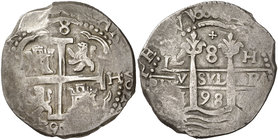 1698. Carlos II. Lima. H. 8 reales. (Cal. 243). 27,26 g. Doble fecha, una parcial. Rara. MBC+.