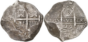 1699. Carlos II. Lima. (R). 8 reales. (Cal. 245). 27,49 g. Ensayador visible sólo en parte. Doble fecha. Rara. MBC-.