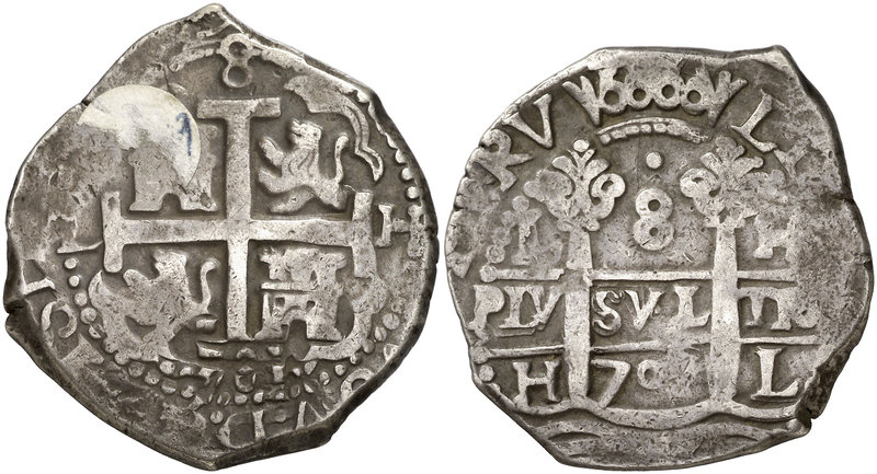 1701. Felipe V. Lima. H. 8 reales. (Cal. 623). 26,87 g. Doble fecha. Ordinal del...