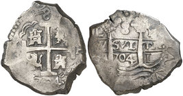 1704. Felipe V. Lima. H. 8 reales. (Cal. 626). 25,72 g. Doble fecha. Rara. MBC.
