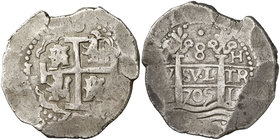 1705. Felipe V. Lima. H. 8 reales. (Cal. 628). 27,03 g. Doble fecha, una parcial. Rara. MBC.