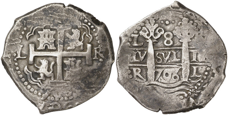 1706. Felipe V. Lima. R. 8 reales. (Cal. 629). 26,27 g. Doble fecha, una parcial...