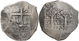 1710. Felipe V. Lima. H. 8 reales. (Cal. 633). 26,38 g. Triple fecha, una parcial. Rara así. MBC/MBC+.