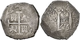 1714/3. Felipe V. Lima. M (Félix Cristóbal Cano Melgarejo 1709-1728). 8 reales. (Cal. 636). 26,76 g. Doble fecha: 1714 en anverso, y rectificada 1714/...