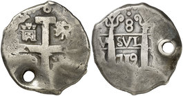 1719. Felipe V. Lima. (M). 8 reales. (Cal. 641). 26,19 g. Perforación. Rara. (MBC-).