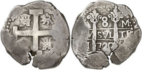 1720. Felipe V. Lima. M. 8 reales. (Cal. 642). 26,53 g. Grieta de acuñación. Muy escasa. MBC-.