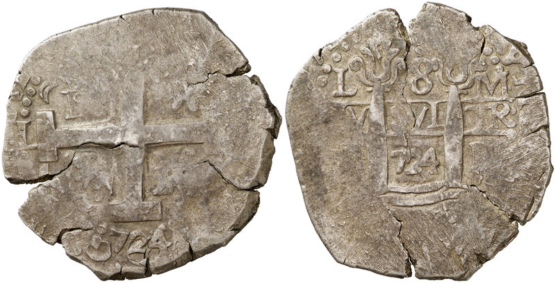 1724. Felipe V. Lima. M. 8 reales. (Cal. 646). 27,04 g. Doble fecha. Muy rara. M...