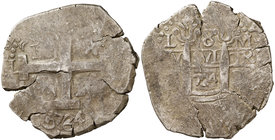 1724. Felipe V. Lima. M. 8 reales. (Cal. 646). 27,04 g. Doble fecha. Muy rara. MBC-/MBC.