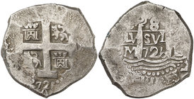 1726. Felipe V. Lima. M. 8 reales. (Cal. 14 de Luis I). 27,21 g. Ordinal del rey visible. Doble fecha. Muy rara. MBC.