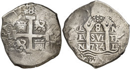 1734. Felipe V. Lima. N. 8 reales. (Cal. 655). 26,75 g. Rara así. MBC+.