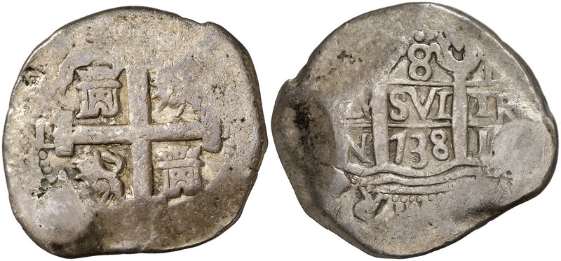 1738. Felipe V. Lima. N. 8 reales. (Cal. 659). 25,91 g. Agujero tapado. Muy esca...