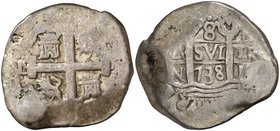 1738. Felipe V. Lima. N. 8 reales. (Cal. 659). 25,91 g. Agujero tapado. Muy escasa. (MBC-/MBC).