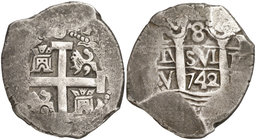 1742. Felipe V. Lima. V. 8 reales. (Cal. 666). 27,03 g. Muy escasa. MBC.