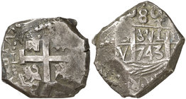 1743. Felipe V. Lima. V. 8 reales. (Cal. 667). 23,65 g. Muy escasa. MBC.