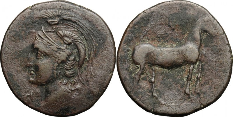 Hispania. Punic Iberia. AE Unit , c. 237-209 BC. D/ Helmeted head of Athena left...