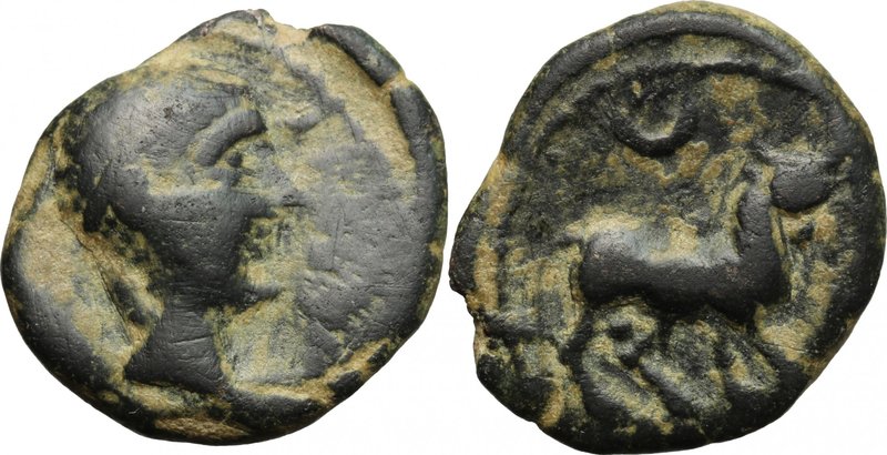 Hispania. Iberia, Castulo. AE Half Unit-Semis, early 1st century BC. D/ Diademed...