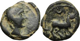 Hispania. Iberia, Castulo. AE Half Unit-Semis, early 1st century BC. D/ Diademed male head right; Iberian inscription before. R/ Bull standing right, ...