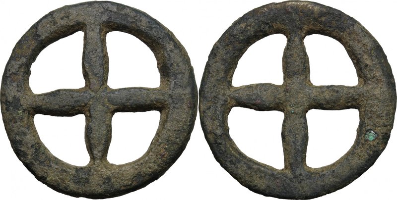Celtic World. Celtic Gaul, Uncertain Tribe. AE Wheel money, c. 1st century BC. D...