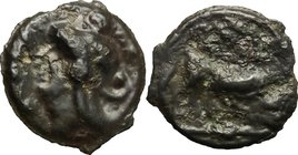 Celtic World. Northeast Gaul, Leuci. Potin Unit, c. 100-50 BC. D/ Helmeted head left. R/ Bull butting right, [lis above ?]. Cf. D&T 229; cf. BMC CC II...