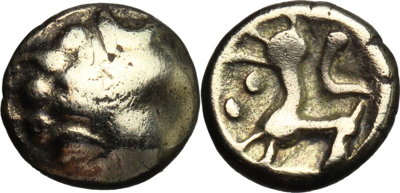 Celtic World. Northeast Gaul, Remi. EL 1/4 Stater, c. 100-50 BC. D/ Stylized hea...