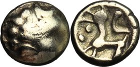 Celtic World. Northeast Gaul, Remi. EL 1/4 Stater, c. 100-50 BC. D/ Stylized head of Apollo right. R/ Stylized horse right; semicircle above, two pell...