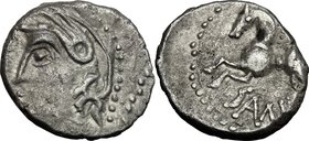 Celtic World. Central Gaul, Sequani. Q. Doci Sam. F. AR Quinarius, c. 100-50 BC. D/ Helmeted head left; [Q. DOCI before]. R/ Horse left; [Q. DOCI abov...