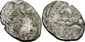 Celtic World. Central Gaul, Sequani. Q. Doci Sam. F. AR Quinarius, c. 100-50 BC. D/ Helmeted head left; Q. DOC[I] before. R/ Horse left; [Q. DOCI abov...