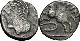Celtic World. Central Gaul, Sequani. Togirix. AR Quinarius, c. 100-50 BC. D/ Celticized head left; [TOGIRIX] before. R/ [T]OGIRI[X]. Celticized horse ...