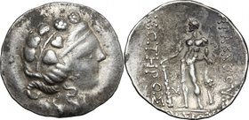Celtic World. Celts in Eastern Europe. AR Tetradrachm, imitation of Thasos, after 148 BC. D/ Wreathed head of young Dionysos right. R/ Blundered legen...