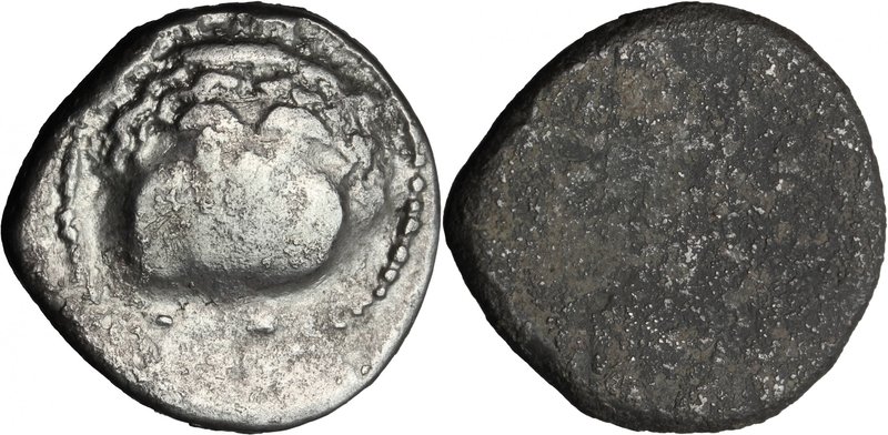 Greek Italy. Etruria, Populonia. AR 20-Asses, 3rd century BC. D/ Facing head of ...