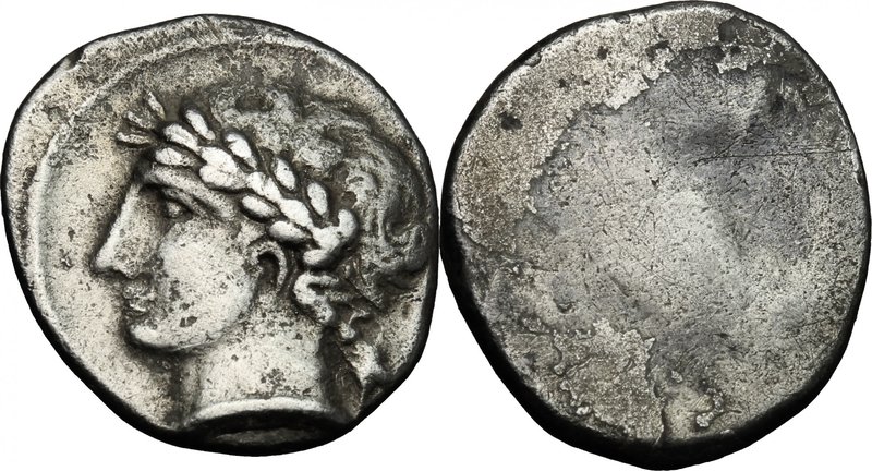 Greek Italy. Etruria, Populonia. AR 10-Asses, 3rd century BC. D/ Laureate male h...