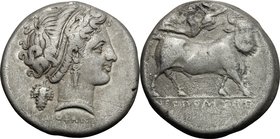Greek Italy. Central and Southern Campania, Neapolis. AR Didrachm, struck under Diophanes, c. 320-300 BC. D/ Diademed head of nymph right, wearing tri...