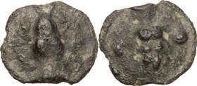 Greek Italy. Northern Apulia, Luceria. AE Uncia, c. 225-217 BC. D/ Frog. R/ Corn-ear. At left, pellet. At right, L. HN Italy 673.TV 285. AE. g. 8.60 m...